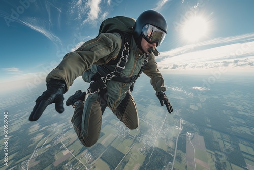 A thrilling action shot of a person skydiving through the clouds