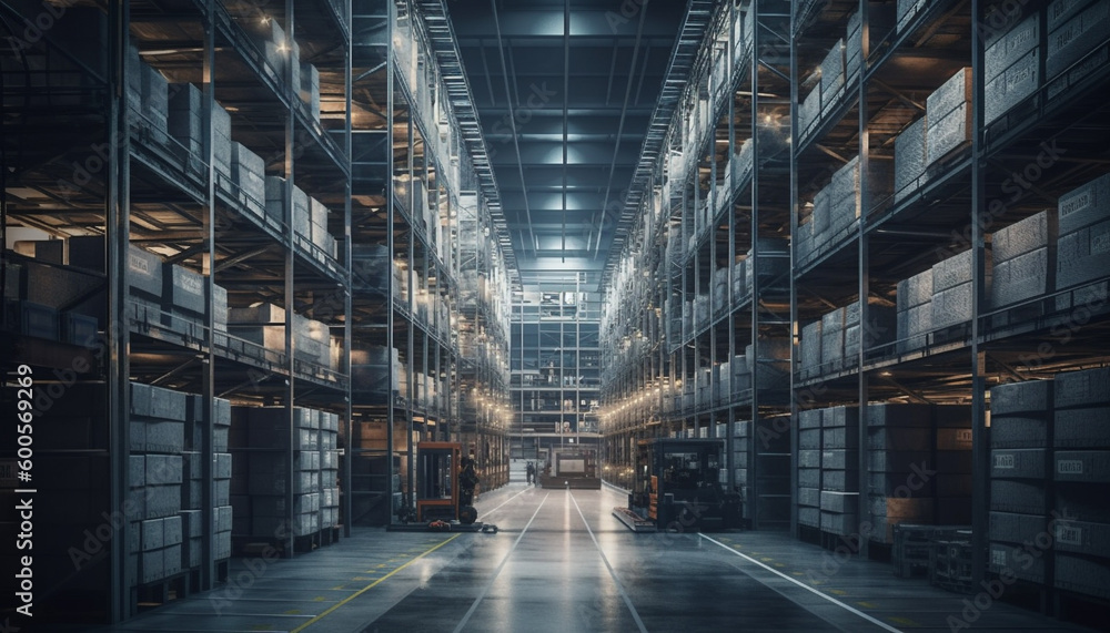 Futuristic warehouse shelves reflect modern technology inside generated by AI