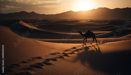 Silhouette of dromedary camel walking on sand dune generated by AI