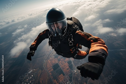 A stunning action shot of a skydiver descending towards the earth at high speed