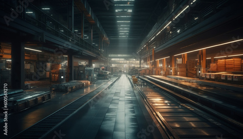 Futuristic subway station, blurred motion, illuminated metal generated by AI