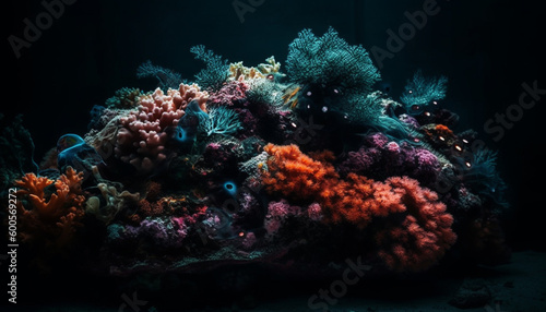 Colorful aquatic animals explore the vibrant reef generated by AI