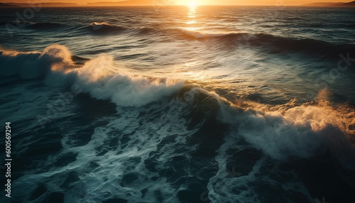 Liquid sun splashing on tranquil seascape horizon generated by AI
