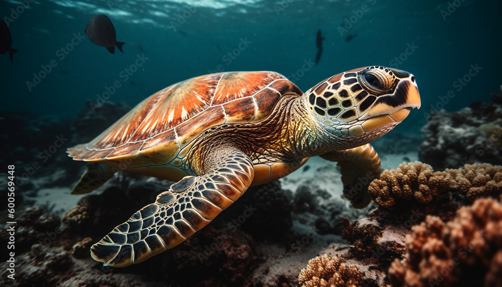 Obraz premium Red Sea turtle swims in tranquil waters generated by AI