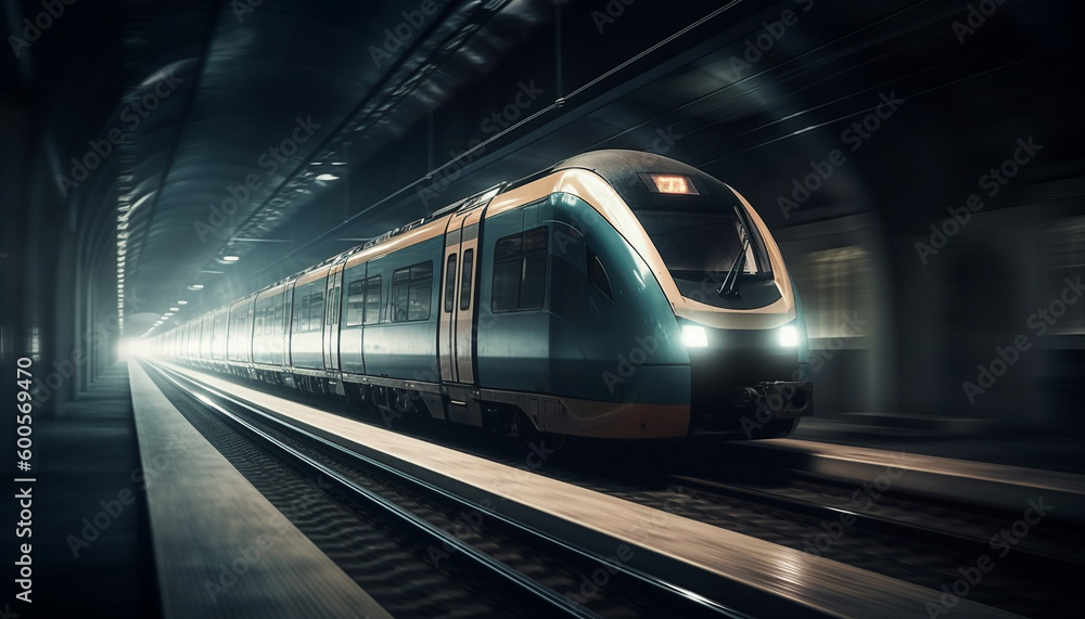 Fototapeta premium Blurred motion on subway train, city life rush generated by AI