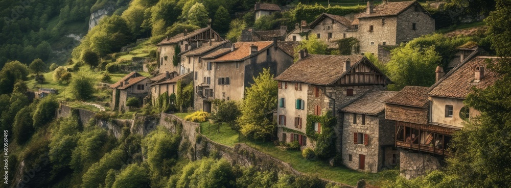 A quaint village nestled in a bucolic valley. Horizontal banner. AI generated