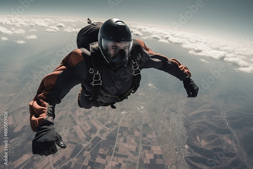 An incredible image of a skydiver soaring through the air with a stunning view below