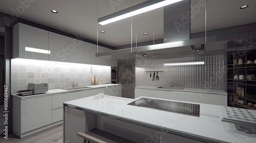 Kitchen Interior with Island, Sink, Cabinets, and Hardwood Floors in New Luxury Home. Features Elegant Pendant Light Fixtures, and Farmhouse Sink next to Window Generative AI