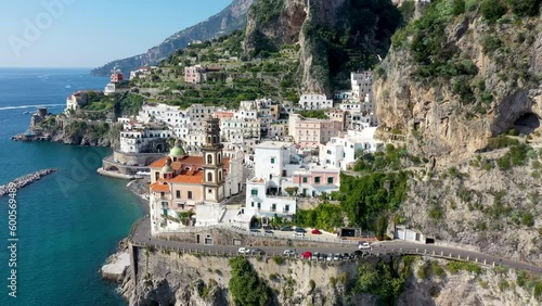 Aerial view of Atrani famous coastal village located on Amalfi Coast, Italy. Small town Atrani on Amalfi Coast in province of Salerno, Campania region, Italy. Atrani town on Amalfi coast, Italy.