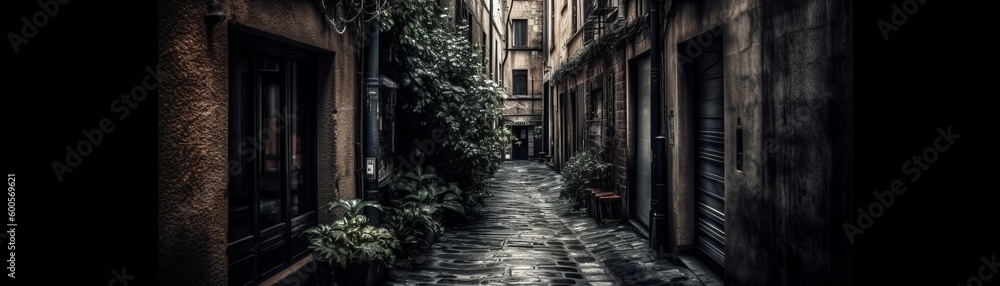 A quiet alleyway with a hint of mystery. Horizontal banner. AI generated