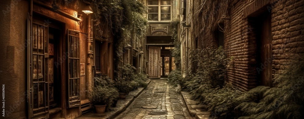 A quiet alleyway with a hint of mystery. Horizontal banner. AI generated