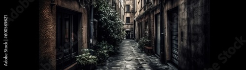 A quiet alleyway with a hint of mystery. Horizontal banner. AI generated