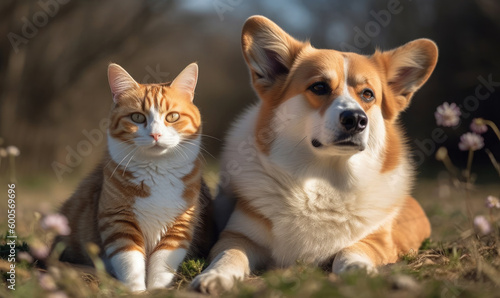 Cute fluffy friends a corgi dog and a tabby cat sit together in a sunny spring meadow, generative AI