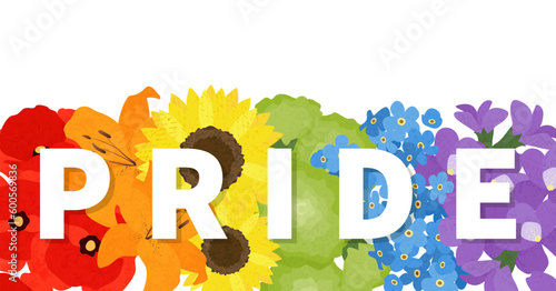 A rainbow flower garden with the word pride, in a cut paper style with textures
