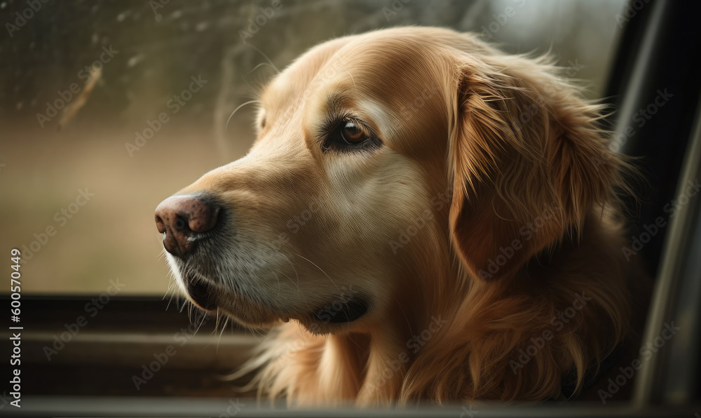 Golden Retriever Looking Out Of Car Window, generative AI