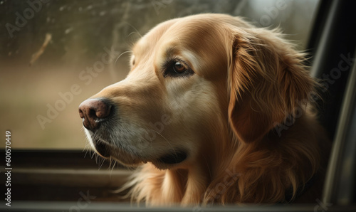 Golden Retriever Looking Out Of Car Window, generative AI © Enigma