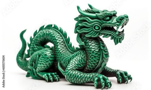 Green Chinese wooden dragon on white background, generative AI