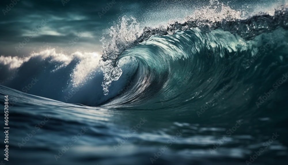 Surfer rides majestic pipeline wave, spraying bubbles generated by AI Surfer rides majestic pipeline wave, spraying bubbles generated by AI