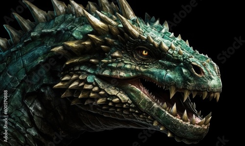Green fire dragon glowing eyes, generative AI © Enigma