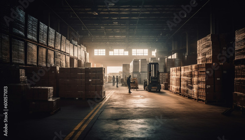 Men working inside warehouse, forklift transporting cargo generated by AI