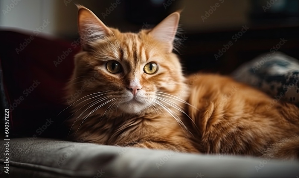 Red cat lies in a cozy room on the couch, generative AI