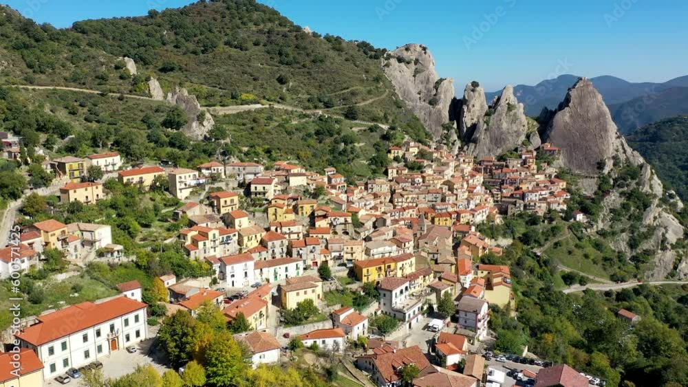The picturesque village of Castelmezzano, province of Potenza, Basilicata, Italy. Cityscape aerial view of medieval city of Castelmazzano, Italy. Castelmezzano village in Apennines Dolomiti Lucane.