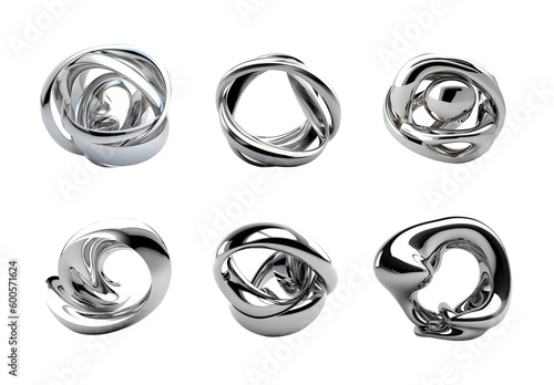Liquid metal shapes set isolated. Iridescent wavy melted substance. Ai generated