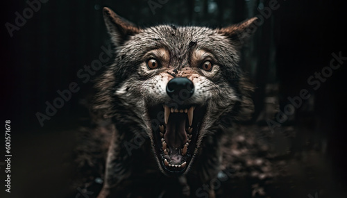 Generative AI. Wolf, Eyes of Fury. Capturing the Intensity of the Angry Wolf's Teeth and Ready-to-Attack Stance. Generative AI. 