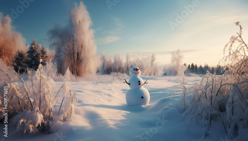 Smiling snowman in winter forest landscape illustration generated by AI © djvstock