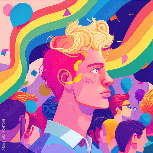 LGBT Gay People Together Rainbow Diversity Flat Illustration. Pride Month. Non Binary Colorful Banner. Generative AI.