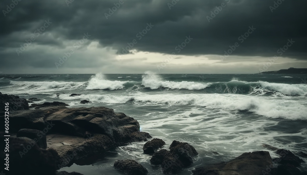 Breaking waves crash against rocky coastline, dramatic beauty generated by AI