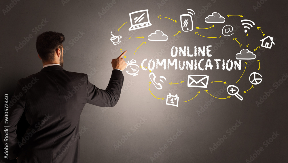 businessman drawing social media icons businessman drawing social media icons
