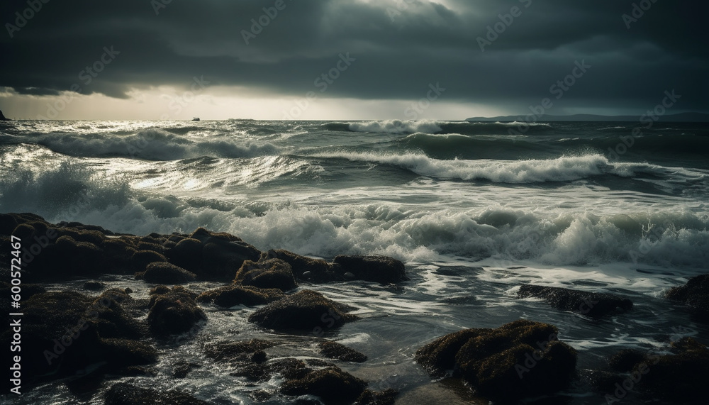 Obraz premium Dramatic sky over dark seascape, breaking waves generated by AI