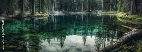 A serene lake surrounded by towering trees. Horizontal banner. AI generated