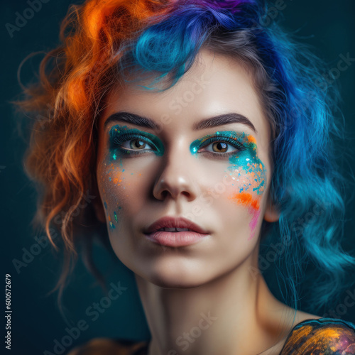 Colorful artistic portrait of a young beautiful woman, multicolored hairstyle, makeup and face art, AI Generated