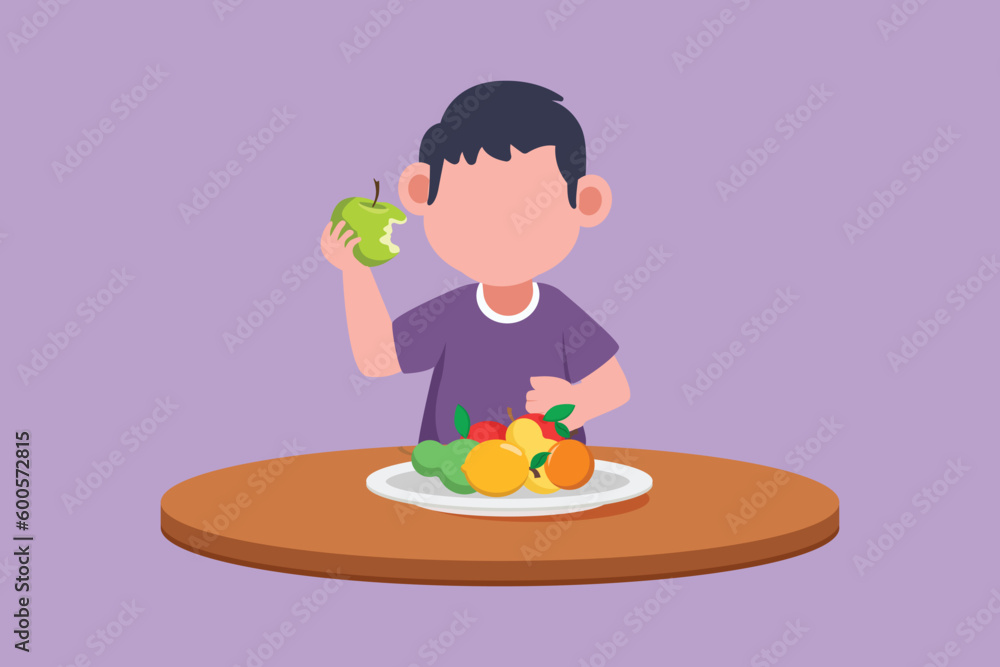 Character flat drawing little boy eating healthy fruit. Sitting at table eating apple. Watermelon and banana in tray placed on table at home. Healthy food for kids. Cartoon design vector illustration Character flat drawing little boy eating healthy fruit. Sitting at table eating apple. Watermelon and banana in tray placed on table at home. Healthy food for kids. Cartoon design vector illustration