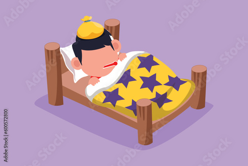 Graphic flat design drawing sick little boy with high fever. Child is sick with flu or coronavirus. Little kid lying in bed feel so bad with fever. Healthcare symbol. Cartoon style vector illustration
