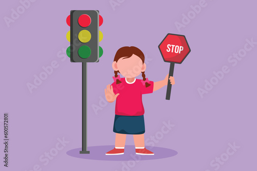 Cartoon flat style drawing pretty little girl holding stop sign in arm standing near road, pedestrian rules for kids, traffic light concept. Child holding stop sign. Graphic design vector illustration