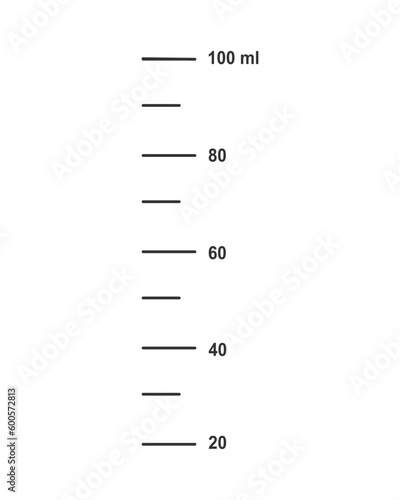 Scale with 100 ml liquid volume for measuring cups to preparing cooking or chemistry flasks isolated on white background. Vector graphic illustration. photo