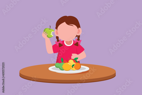 Character flat drawing pretty little girl eating fruit. Sitting near table eat orange. Watermelon and banana in tray placed on table at home. Healthy food for kids. Cartoon design vector illustration