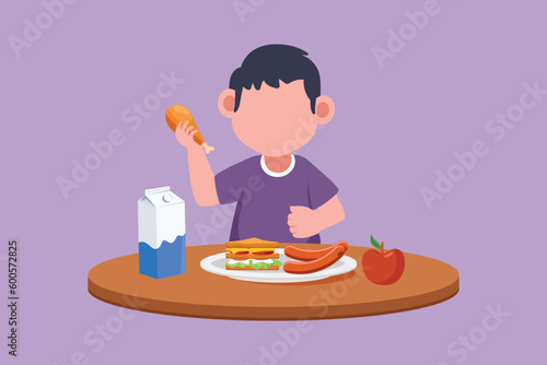 Graphic flat design drawing adorable little boy eating healthy morning breakfast food. Happy children eat delicious food with milk at home. School boy enjoying dish. Cartoon style vector illustration