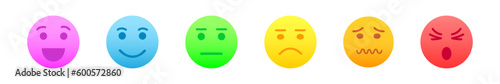 Set of colorful emoji faces with different positive and negative emotions. Happy, smiling, sad, confounded, angry, depressed face expression icons isolated on white background. Vector illustration