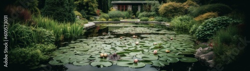 A serene pond with lily pads and a small island. Horizontal banner. AI generated