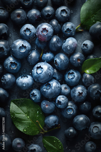 Fresh Blueberries with Droplets of Water and Leafs, Top-View Close-Up Background