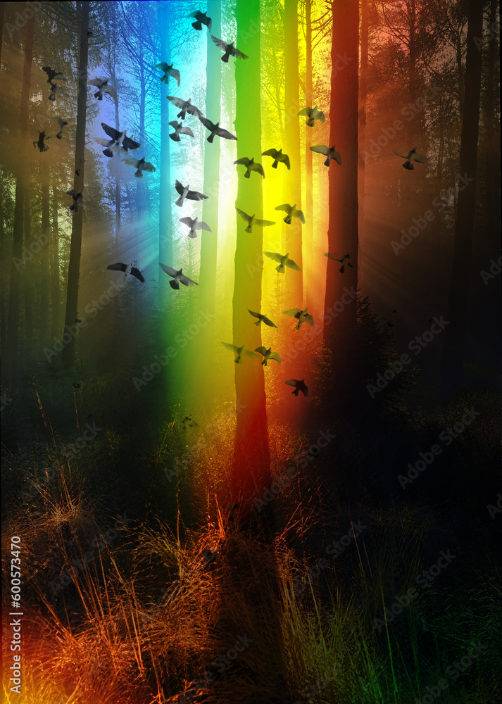 surrealism art with birds in the foggy rainbow forrest - obrazy, fototapety, plakaty 