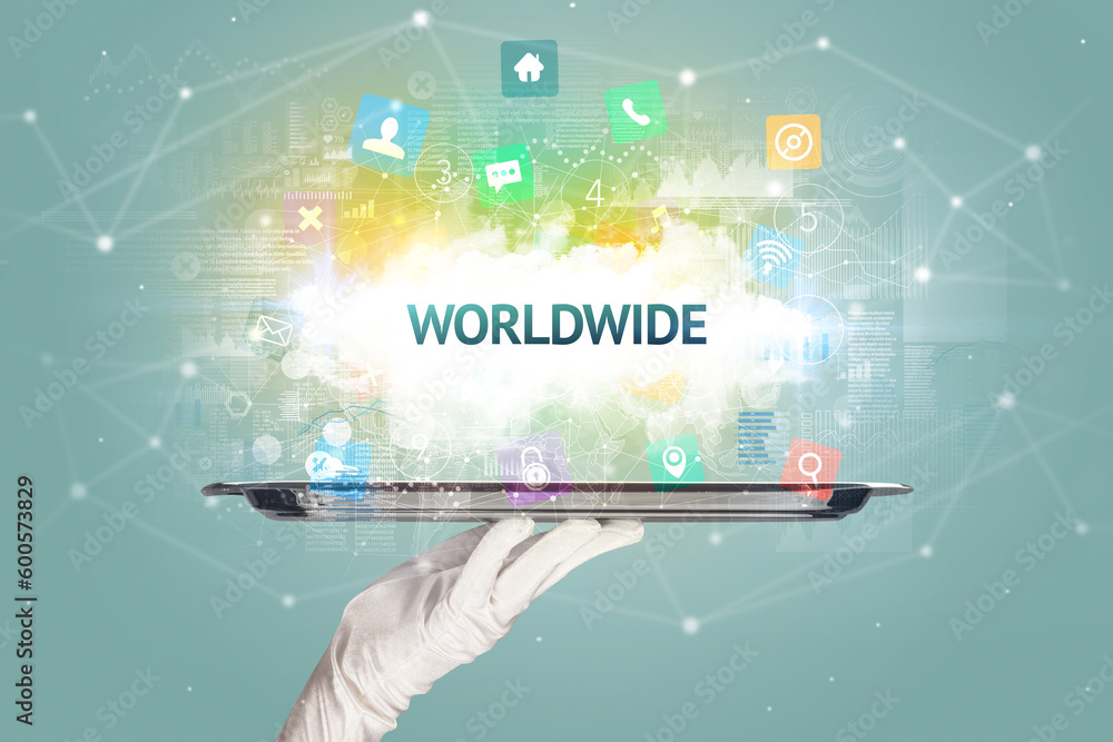 Waiter serving social networking concept Waiter serving social networking concept