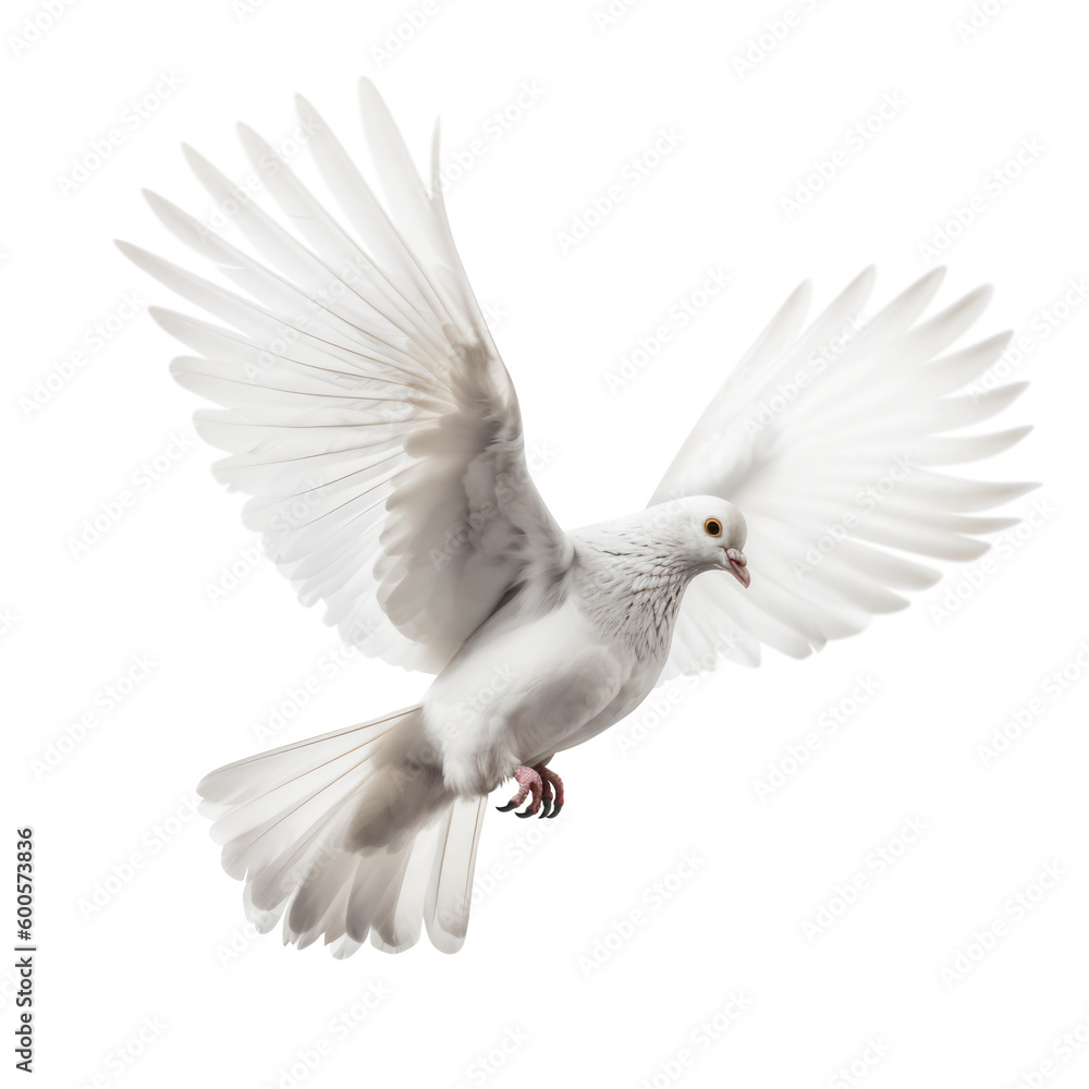 white dove / pigeon in flight with its wings spread isolated over a transparent background, cut-out peace and freedom symbol, generative AI white dove / pigeon in flight with its wings spread isolated over a transparent background, cut-out peace and freedom symbol, generative AI