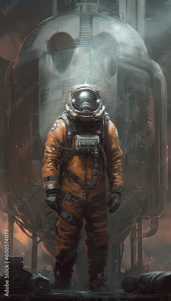 Cosmonaut on the background of the cosmodrome with a large space rocket. Created by AI. Cosmonaut on the background of the cosmodrome with a large space rocket. Created by AI.
