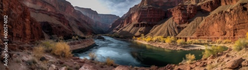 A stunning canyon with rugged cliffs and a river. Horizontal banner. AI generated © ArtStage