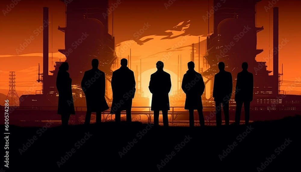A group of politicians on the background of an industrial energy facility, gas, oil and electricity production. Silhouettes of heads of state discussing the economic crisis. Created by AI